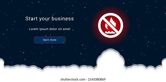Business startup concept Landing page screen. The no gas symbol on the right is highlighted in bright red. Vector illustration on dark blue background with stars and curly clouds from below