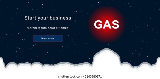 Business startup concept Landing page screen. The gas text symbol on the right is highlighted in bright red. Vector illustration on dark blue background with stars and curly clouds from below