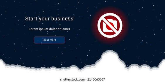 Business startup concept Landing page screen. The no photo symbol on the right is highlighted in bright red. Vector illustration on dark blue background with stars and curly clouds from below