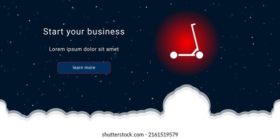 Business startup concept Landing page screen. The kick scooter symbol on the right is highlighted in bright red. Vector illustration on dark blue background with stars and curly clouds from below