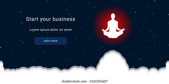 Business startup concept Landing page screen. The yoga symbol on the right is highlighted in bright red. Vector illustration on dark blue background with stars and curly clouds from below
