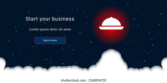 Business startup concept Landing page screen. The cloche symbol on the right is highlighted in bright red. Vector illustration on dark blue background with stars and curly clouds from below