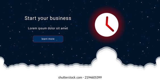 Business startup concept Landing page screen. The time symbol on the right is highlighted in bright red. Vector illustration on dark blue background with stars and curly clouds from below
