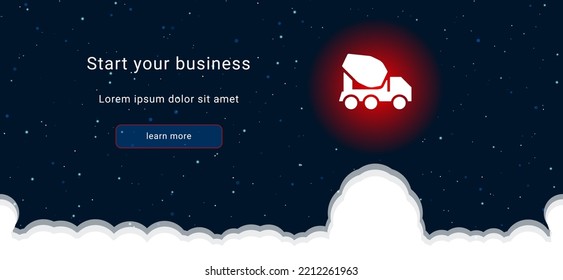 Business startup concept Landing page screen. The white concrete mixer truck symbol on the right. Vector illustration on dark blue background with stars and curly clouds from below