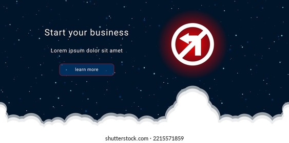 Business startup concept Landing page screen. The no left turn sign on the right is highlighted in bright red. Vector illustration on dark blue background with stars and curly clouds from below