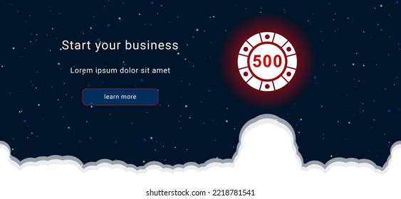 Business startup concept Landing page screen. The poker chip symbol on the right is highlighted in bright red. Vector illustration on dark blue background with stars and curly clouds from below