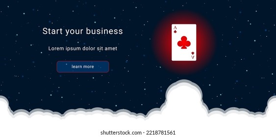 Business startup concept Landing page screen. The ace of clubs card on the right is highlighted in bright red. Vector illustration on dark blue background with stars and curly clouds from below