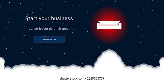Business startup concept Landing page screen. The sofa symbol on the right is highlighted in bright red. Vector illustration on dark blue background with stars and curly clouds from below