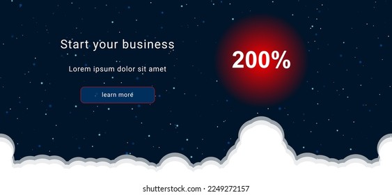 Business startup concept Landing page screen. The 200 percent symbol on the right is highlighted in bright red. Vector illustration on dark blue background with stars and curly clouds from below