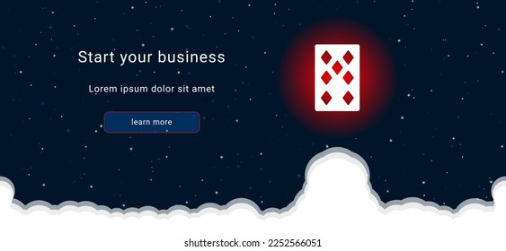 Business startup concept Landing page screen. The white seven of diamonds playing card on the right. Vector illustration on dark blue background with stars and curly clouds from below