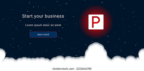 Business startup concept Landing page screen. The road parking sign on the right is highlighted in bright red. Vector illustration on dark blue background with stars and curly clouds from below