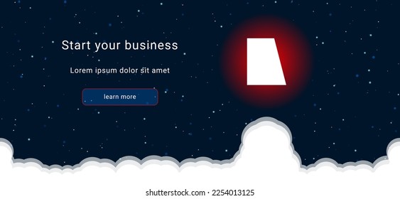 Business startup concept Landing page screen. The trapezium symbol on the right is highlighted in bright red. Vector illustration on dark blue background with stars and curly clouds from below