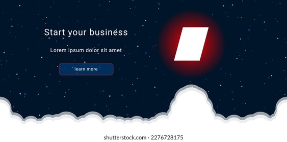 Business startup concept Landing page screen. The parallelogram symbol on the right is highlighted in bright red. Vector illustration on dark blue background with stars and curly clouds from below