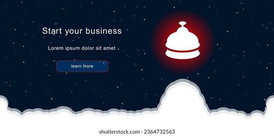 Business startup concept Landing page screen. The reception bell symbol on the right is highlighted in bright red. Vector illustration on dark blue background with stars and curly clouds from below
