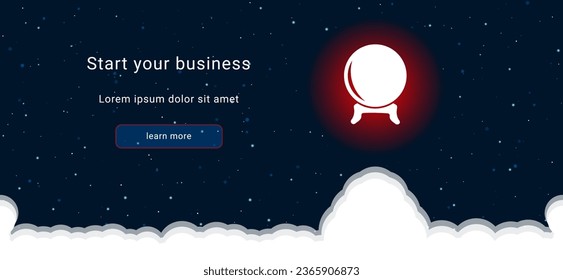 Business startup concept Landing page screen. The spirit ball symbol on the right is highlighted in bright red. Vector illustration on dark blue background with stars and curly clouds from below