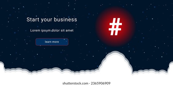 Business startup concept Landing page screen. The hash symbol on the right is highlighted in bright red. Vector illustration on dark blue background with stars and curly clouds from below