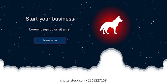 Business startup concept Landing page screen. The wolf symbol on the right is highlighted in bright red. Vector illustration on dark blue background with stars and curly clouds from below