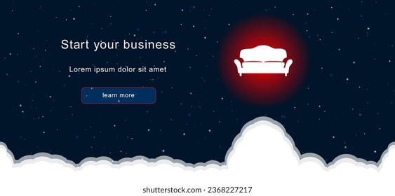 Business startup concept Landing page screen. The sofa symbol on the right is highlighted in bright red. Vector illustration on dark blue background with stars and curly clouds from below
