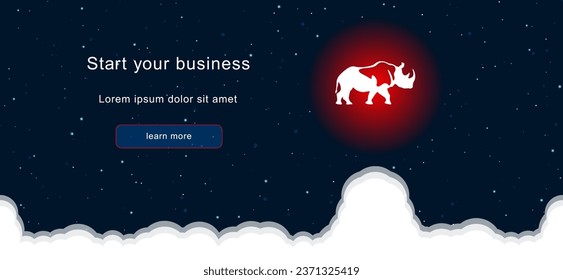 Business startup concept Landing page screen. The rhinoceros symbol on the right is highlighted in bright red. Vector illustration on dark blue background with stars and curly clouds from below