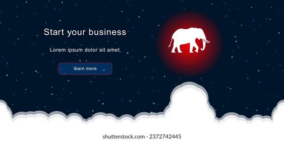 Business startup concept Landing page screen. The elephant symbol on the right is highlighted in bright red. Vector illustration on dark blue background with stars and curly clouds from below