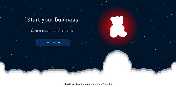 Business startup concept Landing page screen. The teddy bear symbol on the right is highlighted in bright red. Vector illustration on dark blue background with stars and curly clouds from below