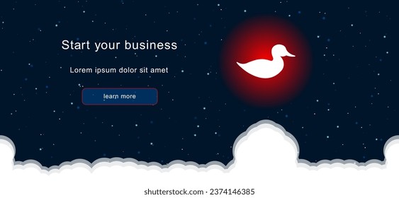 Business startup concept Landing page screen. The duck symbol on the right is highlighted in bright red. Vector illustration on dark blue background with stars and curly clouds from below