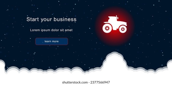 Business startup concept Landing page screen. The tractor icon on the right is highlighted in bright red. Vector illustration on dark blue background with stars and curly clouds from below