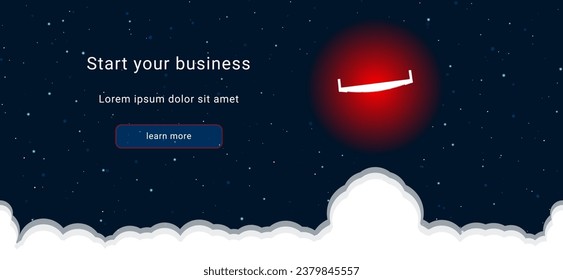 Business startup concept Landing page screen. The two-handed saw on the right is highlighted in bright red. Vector illustration on dark blue background with stars and curly clouds from below