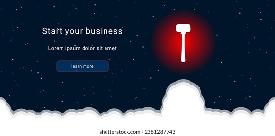 Business startup concept Landing page screen. The mallet symbol on the right is highlighted in bright red. Vector illustration on dark blue background with stars and curly clouds from below