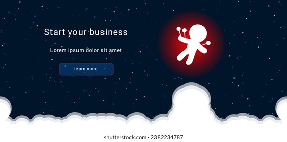 Business startup concept Landing page screen. The Voodoo Doll symbol on the right is highlighted in bright red. Vector illustration on dark blue background with stars and curly clouds from below