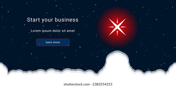 Business startup concept Landing page screen. The star symbol on the right is highlighted in bright red. Vector illustration on dark blue background with stars and curly clouds from below