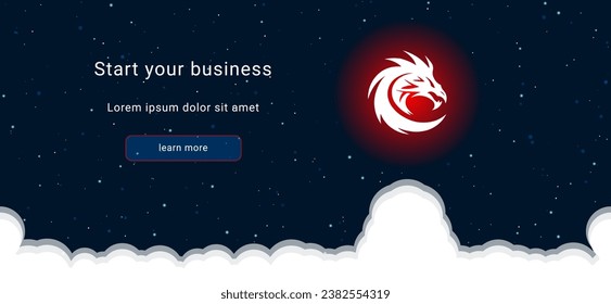 Business startup concept Landing page screen. The dragon's head symbol on the right is highlighted in bright red. Vector illustration on dark blue background with stars and curly clouds from below