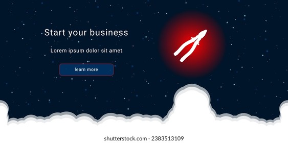 Business startup concept Landing page screen. The pliers symbol on the right is highlighted in bright red. Vector illustration on dark blue background with stars and curly clouds from below