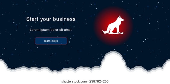 Business startup concept Landing page screen. The wild wolf symbol on the right is highlighted in bright red. Vector illustration on dark blue background with stars and curly clouds from below