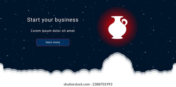 Business startup concept Landing page screen. The antique vase symbol on the right is highlighted in bright red. Vector illustration on dark blue background with stars and curly clouds from below