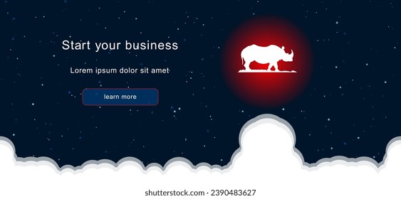 Business startup concept Landing page screen. The wild rhino symbol on the right is highlighted in bright red. Vector illustration on dark blue background with stars and curly clouds from below