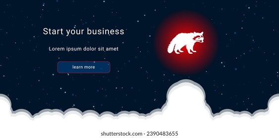 Business startup concept Landing page screen. The raccoon symbol on the right is highlighted in bright red. Vector illustration on dark blue background with stars and curly clouds from below