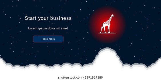 Business startup concept Landing page screen. The wild giraffe symbol on the right is highlighted in bright red. Vector illustration on dark blue background with stars and curly clouds from below