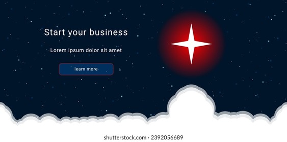 Business startup concept Landing page screen. The star symbol on the right is highlighted in bright red. Vector illustration on dark blue background with stars and curly clouds from below
