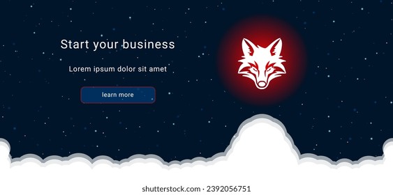 Business startup concept Landing page screen. The fox's head symbol on the right is highlighted in bright red. Vector illustration on dark blue background with stars and curly clouds from below