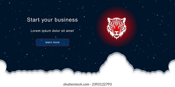 Business startup concept Landing page screen. The tiger head symbol on the right is highlighted in bright red. Vector illustration on dark blue background with stars and curly clouds from below