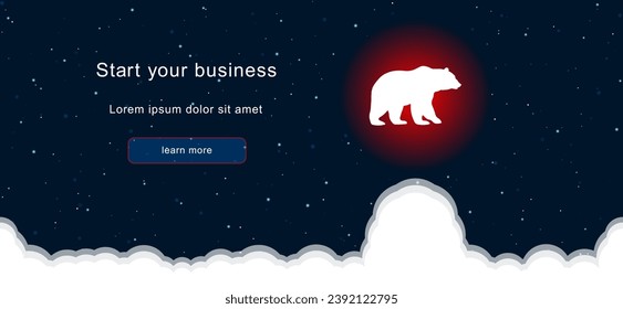 Business startup concept Landing page screen. The bear icon on the right is highlighted in bright red. Vector illustration on dark blue background with stars and curly clouds from below