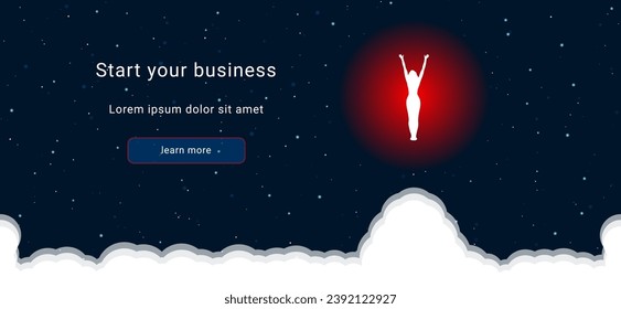 Business startup concept Landing page screen. The woman stretches symbol on the right is highlighted in bright red. Vector illustration on dark blue background with stars and curly clouds from below