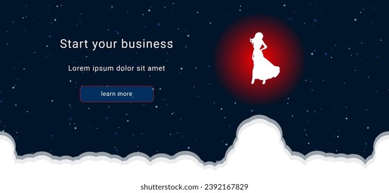 Business startup concept Landing page screen. The lady symbol on the right is highlighted in bright red. Vector illustration on dark blue background with stars and curly clouds from below
