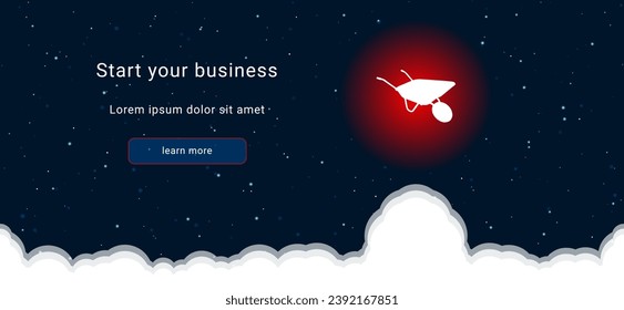Business startup concept Landing page screen. The garden cart on the right is highlighted in bright red. Vector illustration on dark blue background with stars and curly clouds from below