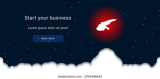 Business startup concept Landing page screen. The angle grinder symbol on the right is highlighted in bright red. Vector illustration on dark blue background with stars and curly clouds from below