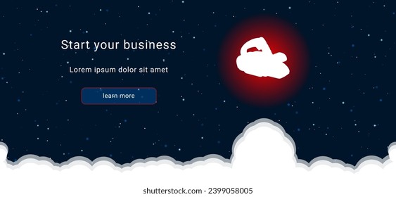 Business startup concept Landing page screen. The electric plane symbol on the right is highlighted in bright red. Vector illustration on dark blue background with stars and curly clouds from below