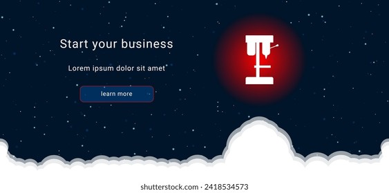 Business startup concept Landing page screen. The boring mill symbol on the right is highlighted in bright red. Vector illustration on dark blue background with stars and curly clouds from below