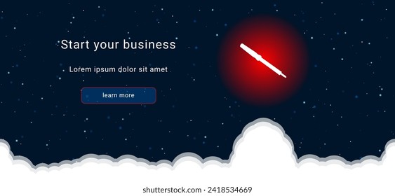 Business startup concept Landing page screen. The soldering iron symbol on the right is highlighted in bright red. Vector illustration on dark blue background with stars and curly clouds from below