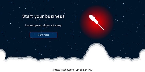 Business startup concept Landing page screen. The a screwdriver symbol on the right is highlighted in bright red. Vector illustration on dark blue background with stars and curly clouds from below